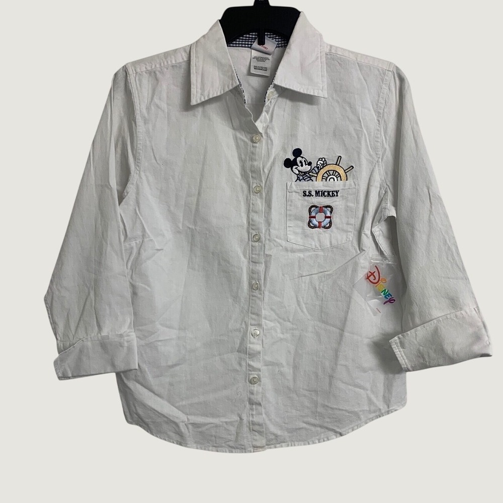 Disney SS Mickey Mouse Nautical Embroidered White Cotton Button Down‎ Shirt M